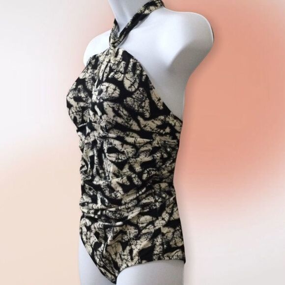 Joe Fresh One Piece Ruched Halter Swimsuit‎ Black and Tan Print S - Picture 3 of 9